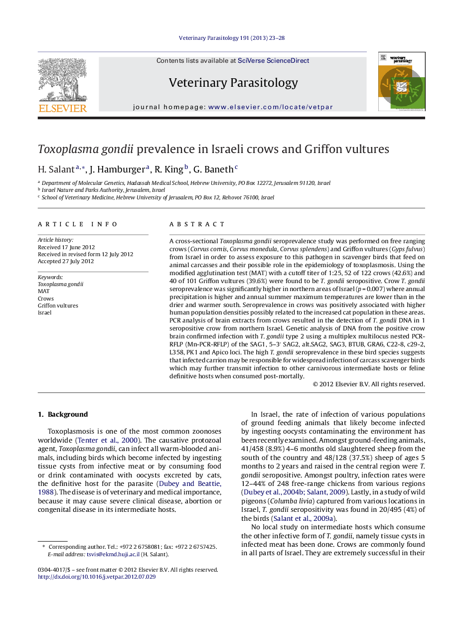 Toxoplasma gondii prevalence in Israeli crows and Griffon vultures