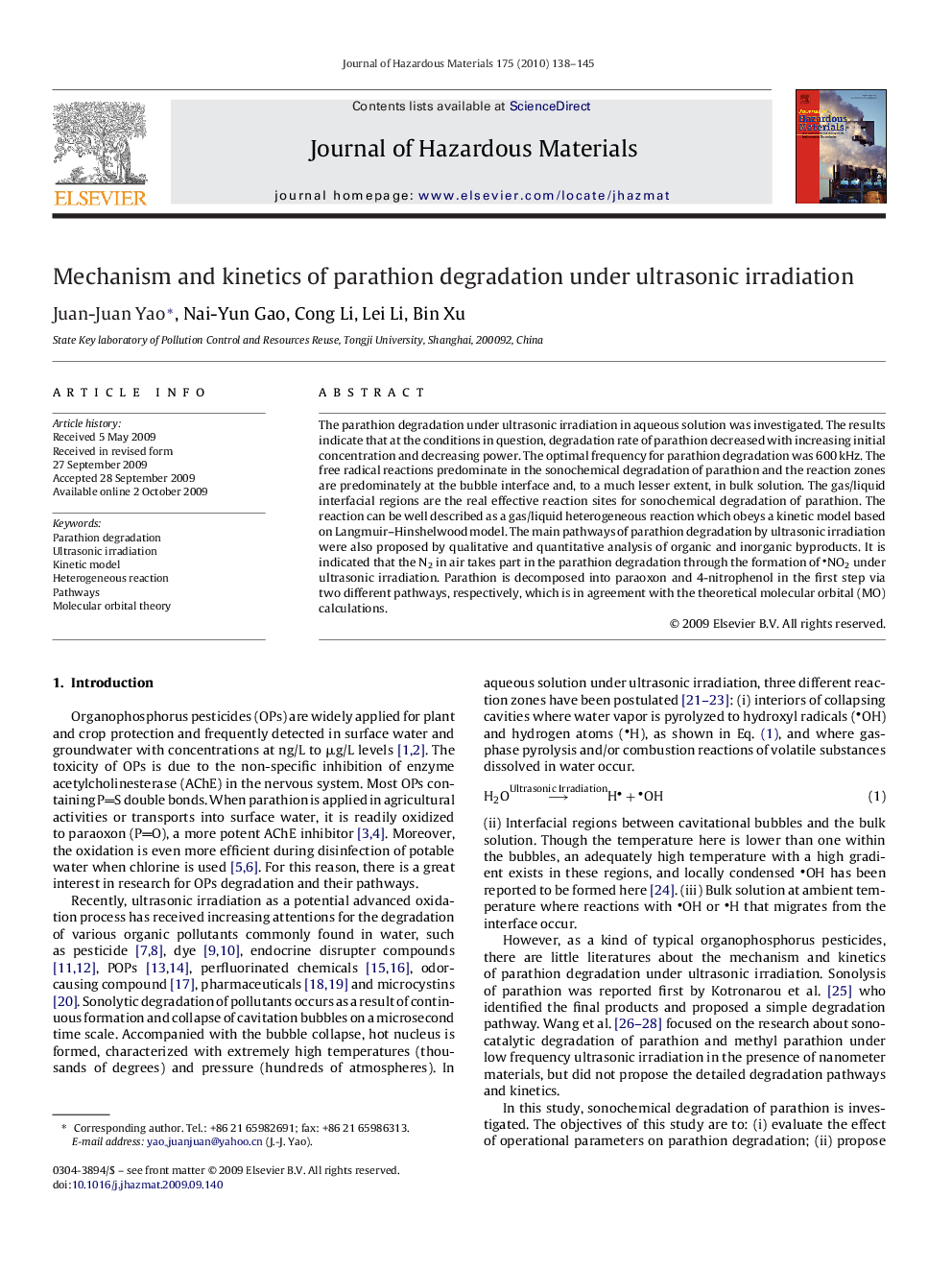 Mechanism and kinetics of parathion degradation under ultrasonic irradiation