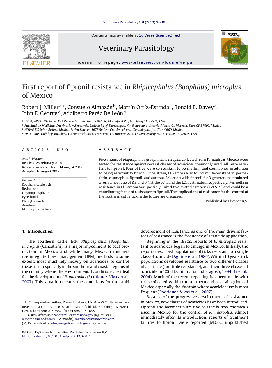 First report of fipronil resistance in Rhipicephalus (Boophilus) microplus of Mexico