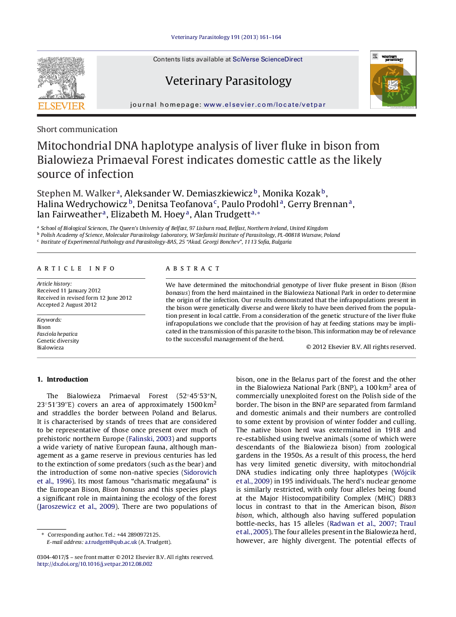 Mitochondrial DNA haplotype analysis of liver fluke in bison from Bialowieza Primaeval Forest indicates domestic cattle as the likely source of infection