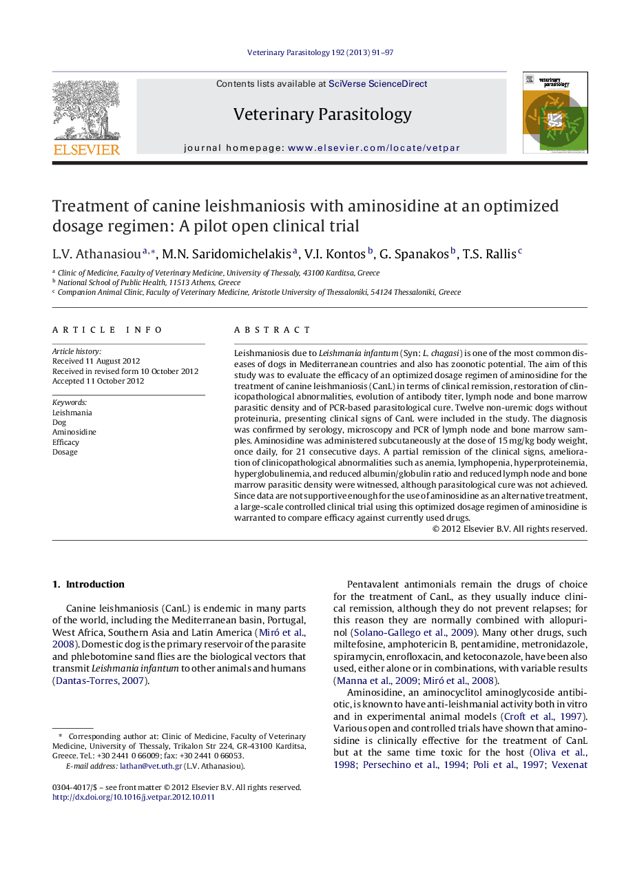 Treatment of canine leishmaniosis with aminosidine at an optimized dosage regimen: A pilot open clinical trial