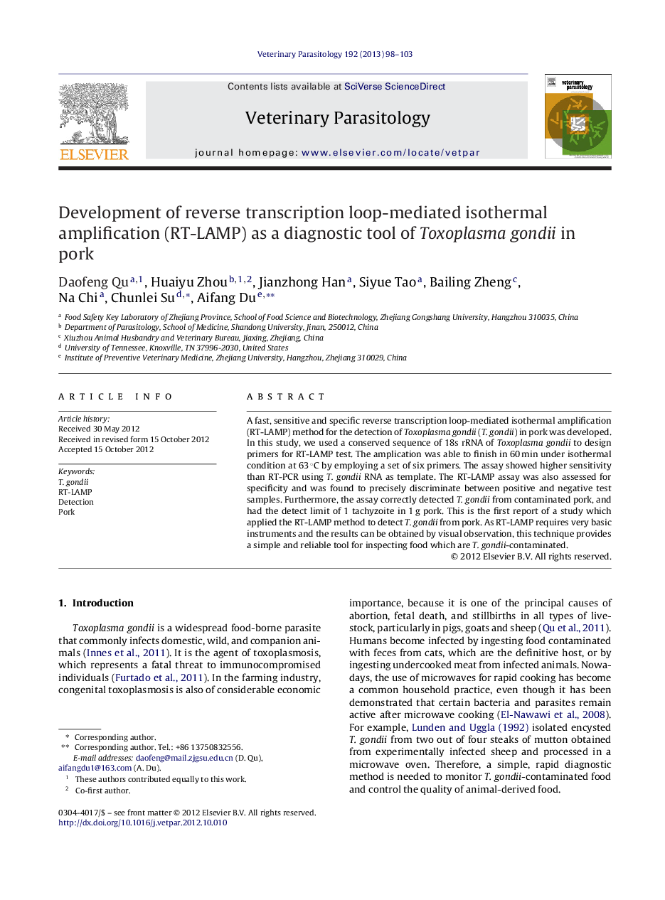 Development of reverse transcription loop-mediated isothermal amplification (RT-LAMP) as a diagnostic tool of Toxoplasma gondii in pork