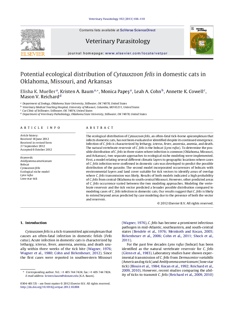 Potential ecological distribution of Cytauxzoon felis in domestic cats in Oklahoma, Missouri, and Arkansas