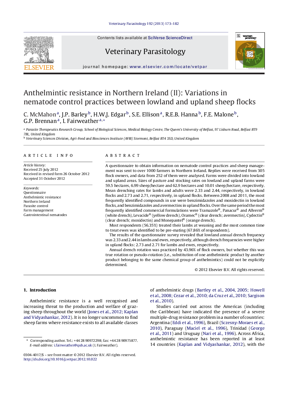 Anthelmintic resistance in Northern Ireland (II): Variations in nematode control practices between lowland and upland sheep flocks