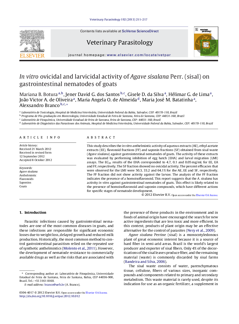 In vitro ovicidal and larvicidal activity of Agave sisalana Perr. (sisal) on gastrointestinal nematodes of goats