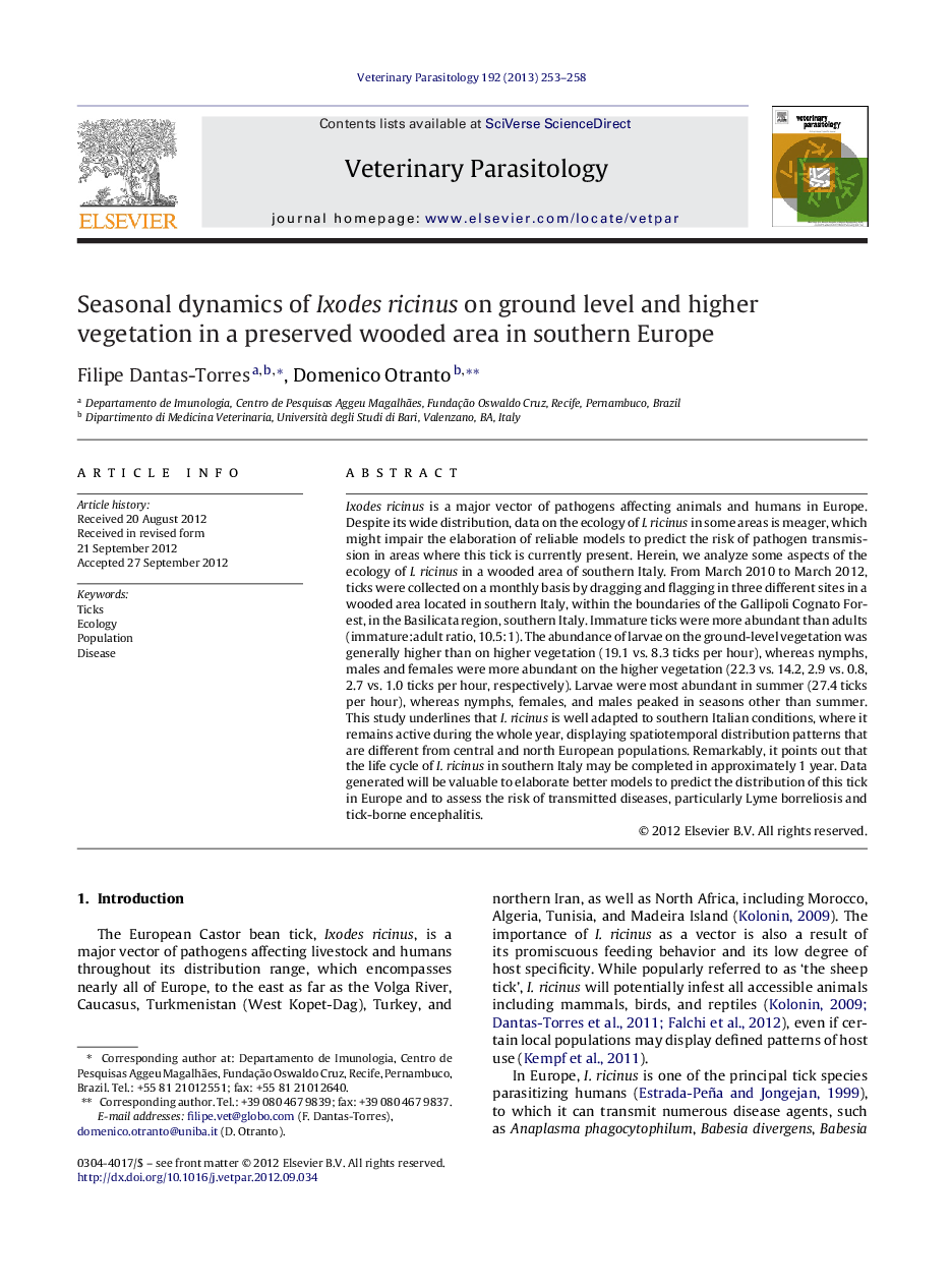 Seasonal dynamics of Ixodes ricinus on ground level and higher vegetation in a preserved wooded area in southern Europe