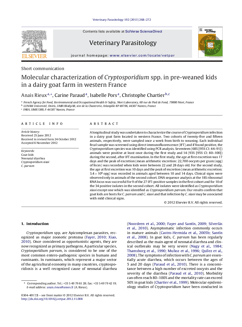 Molecular characterization of Cryptosporidium spp. in pre-weaned kids in a dairy goat farm in western France