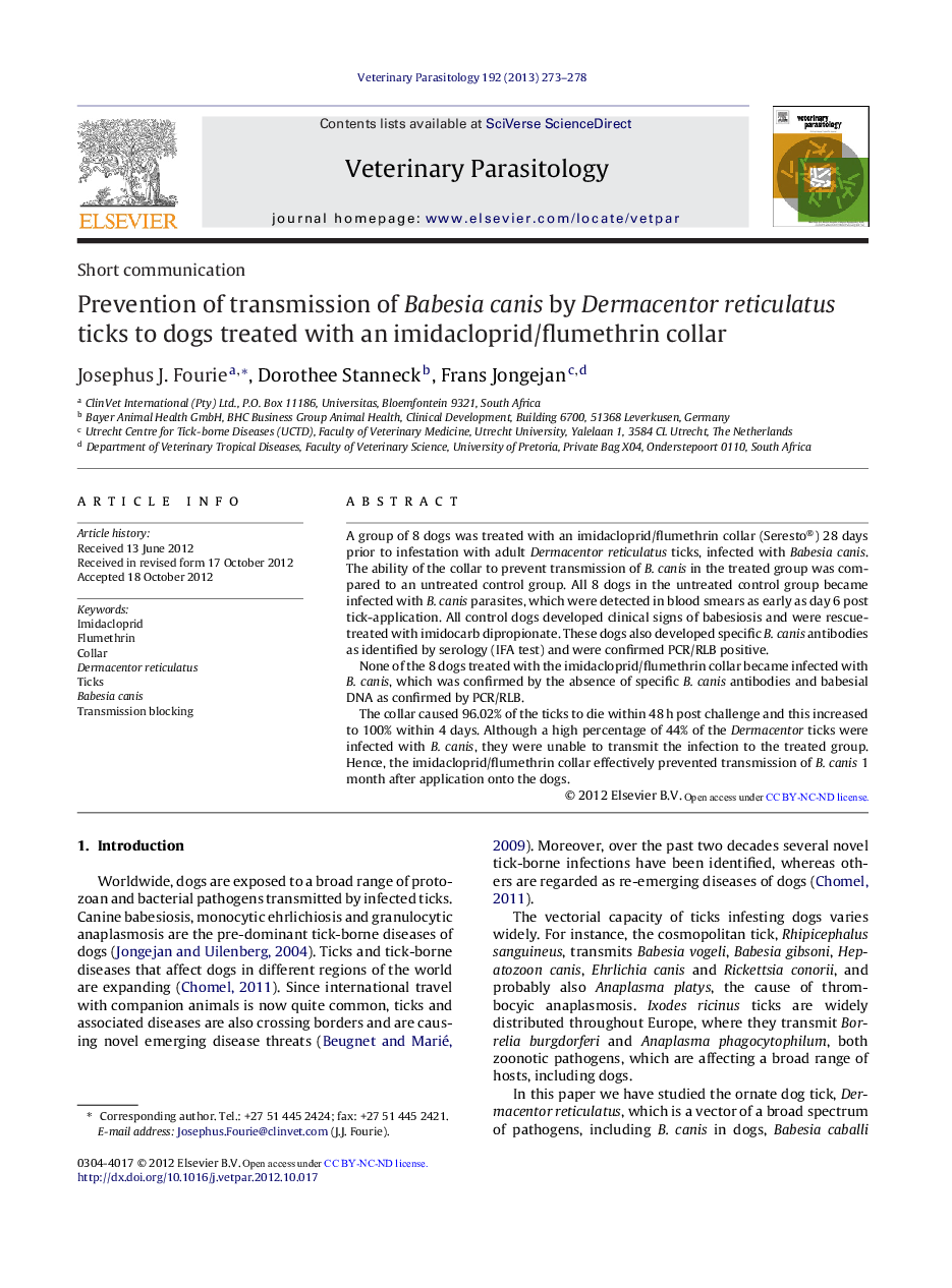 Prevention of transmission of Babesia canis by Dermacentor reticulatus ticks to dogs treated with an imidacloprid/flumethrin collar