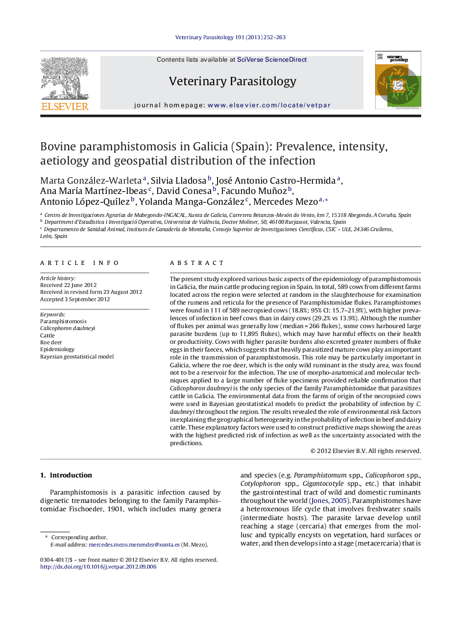 Bovine paramphistomosis in Galicia (Spain): Prevalence, intensity, aetiology and geospatial distribution of the infection