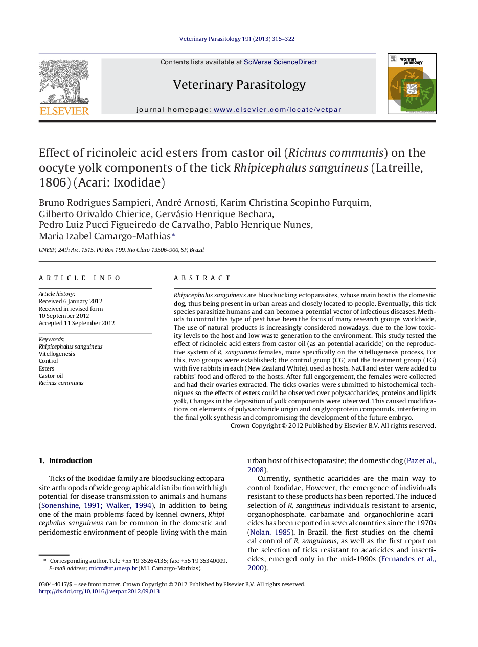 Effect of ricinoleic acid esters from castor oil (Ricinus communis) on the oocyte yolk components of the tick Rhipicephalus sanguineus (Latreille, 1806) (Acari: Ixodidae)