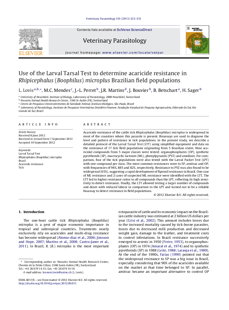 Use of the Larval Tarsal Test to determine acaricide resistance in Rhipicephalus (Boophilus) microplus Brazilian field populations