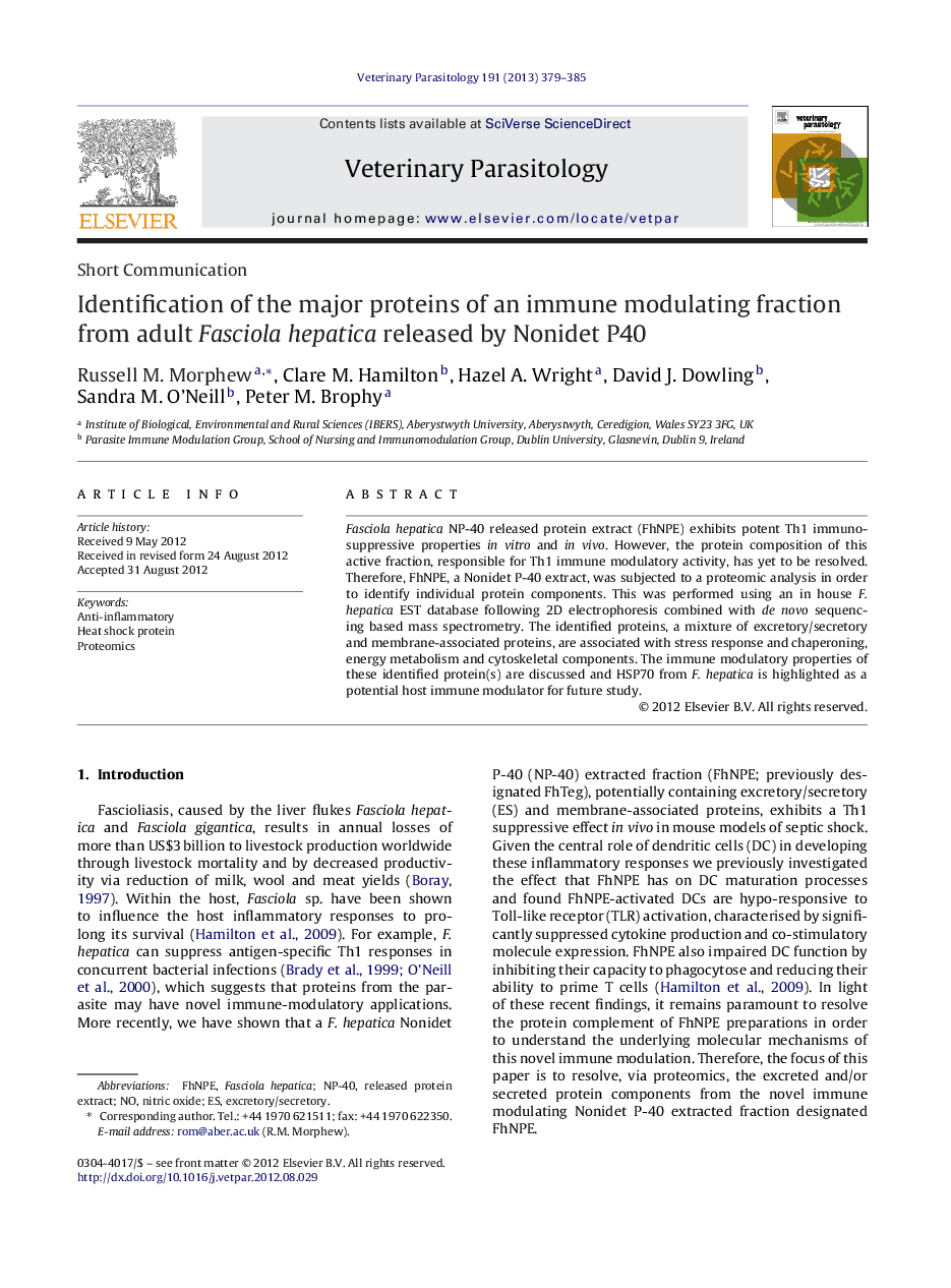 Identification of the major proteins of an immune modulating fraction from adult Fasciola hepatica released by Nonidet P40