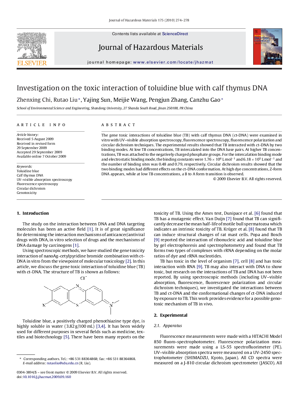 Investigation on the toxic interaction of toluidine blue with calf thymus DNA