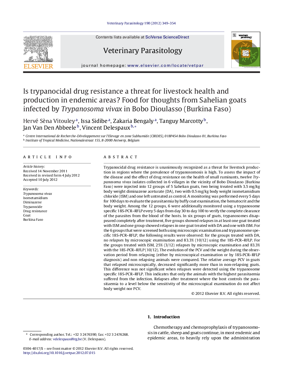 Is trypanocidal drug resistance a threat for livestock health and production in endemic areas? Food for thoughts from Sahelian goats infected by Trypanosoma vivax in Bobo Dioulasso (Burkina Faso)