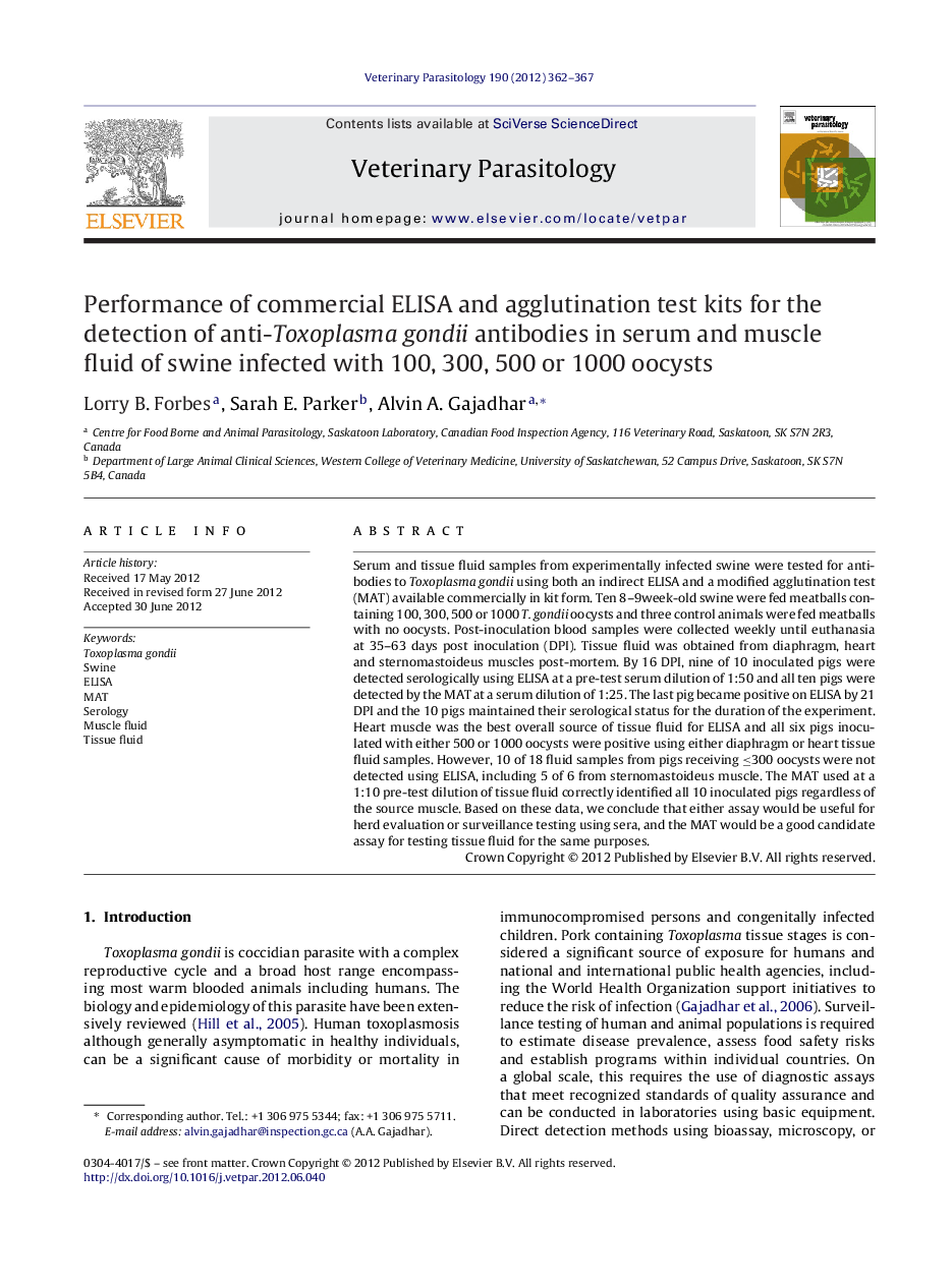 Performance of commercial ELISA and agglutination test kits for the detection of anti-Toxoplasma gondii antibodies in serum and muscle fluid of swine infected with 100, 300, 500 or 1000 oocysts