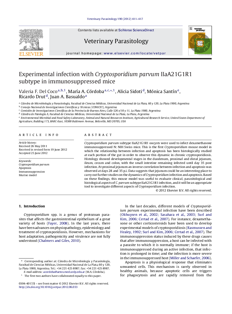 Experimental infection with Cryptosporidium parvum IIaA21G1R1 subtype in immunosuppressed mice