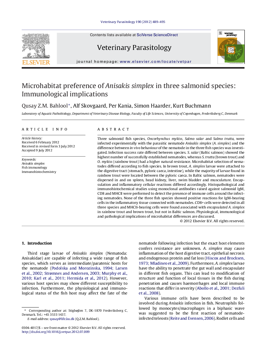 Microhabitat preference of Anisakis simplex in three salmonid species: Immunological implications