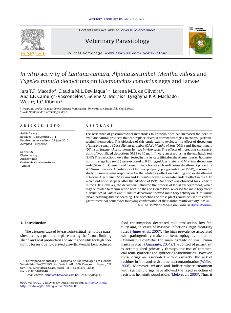 In vitro activity of Lantana camara, Alpinia zerumbet, Mentha villosa and Tagetes minuta decoctions on Haemonchus contortus eggs and larvae