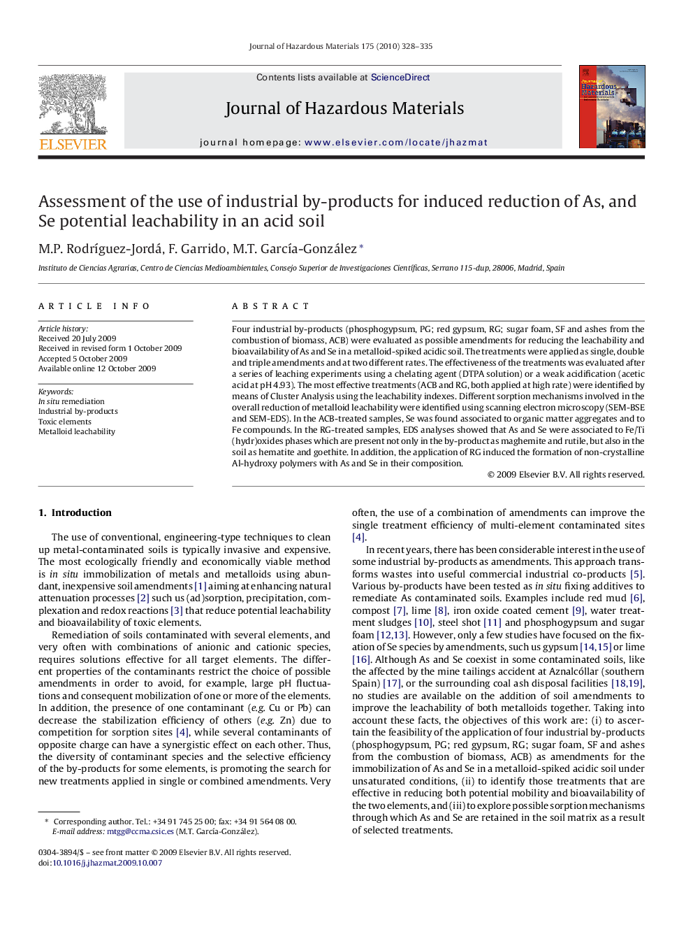 Assessment of the use of industrial by-products for induced reduction of As, and Se potential leachability in an acid soil