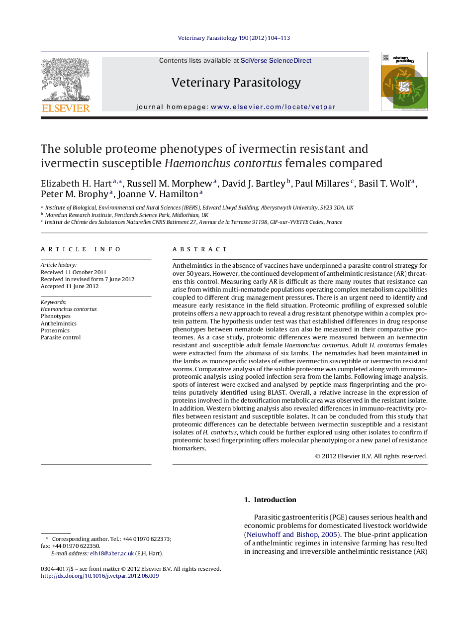 The soluble proteome phenotypes of ivermectin resistant and ivermectin susceptible Haemonchus contortus females compared