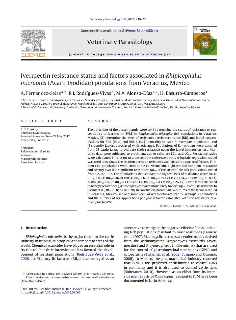 Ivermectin resistance status and factors associated in Rhipicephalus microplus (Acari: Ixodidae) populations from Veracruz, Mexico