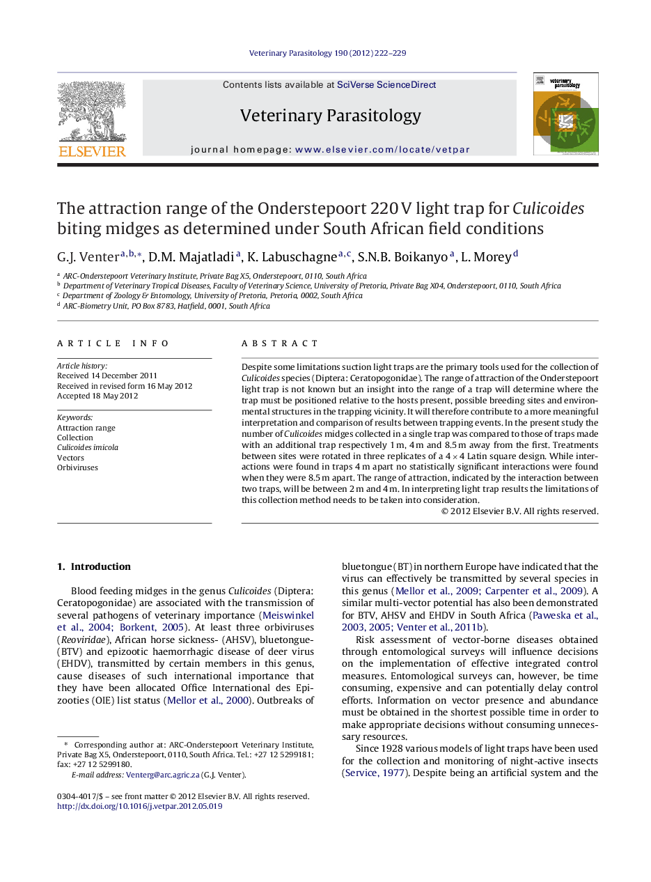 The attraction range of the Onderstepoort 220Â V light trap for Culicoides biting midges as determined under South African field conditions