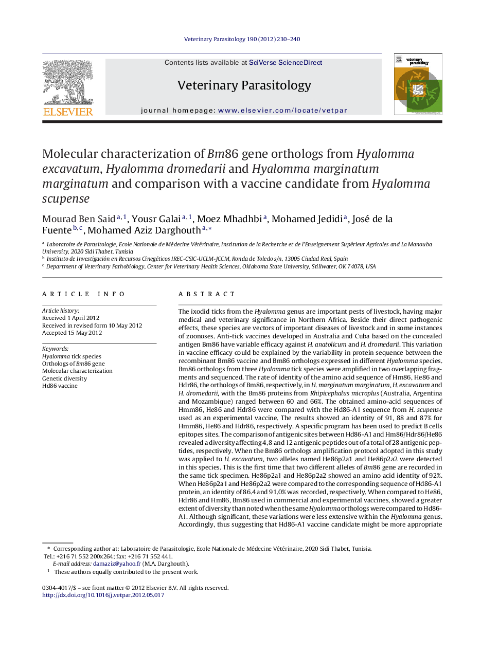 Molecular characterization of Bm86 gene orthologs from Hyalomma excavatum, Hyalomma dromedarii and Hyalomma marginatum marginatum and comparison with a vaccine candidate from Hyalomma scupense