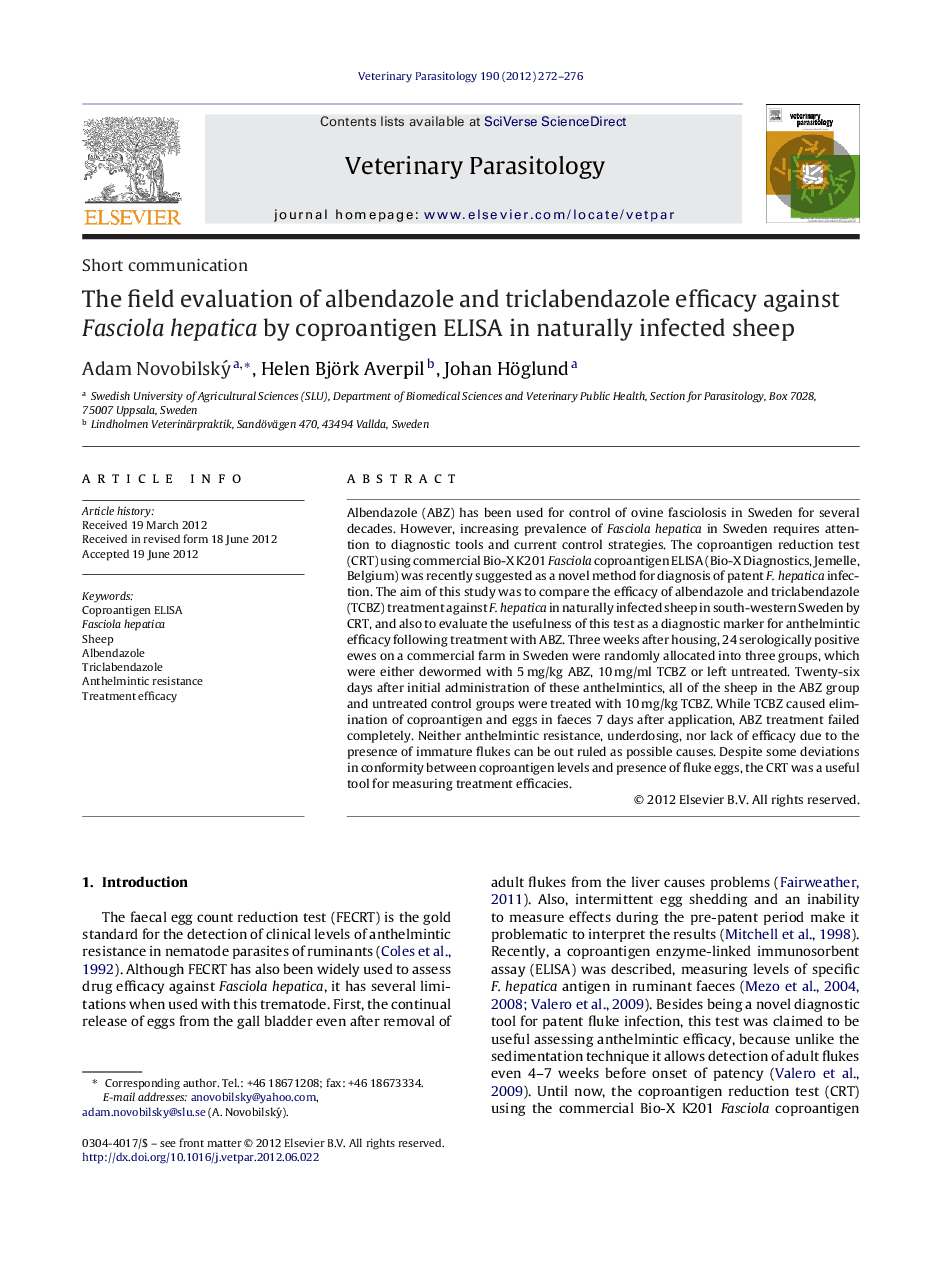 The field evaluation of albendazole and triclabendazole efficacy against Fasciola hepatica by coproantigen ELISA in naturally infected sheep