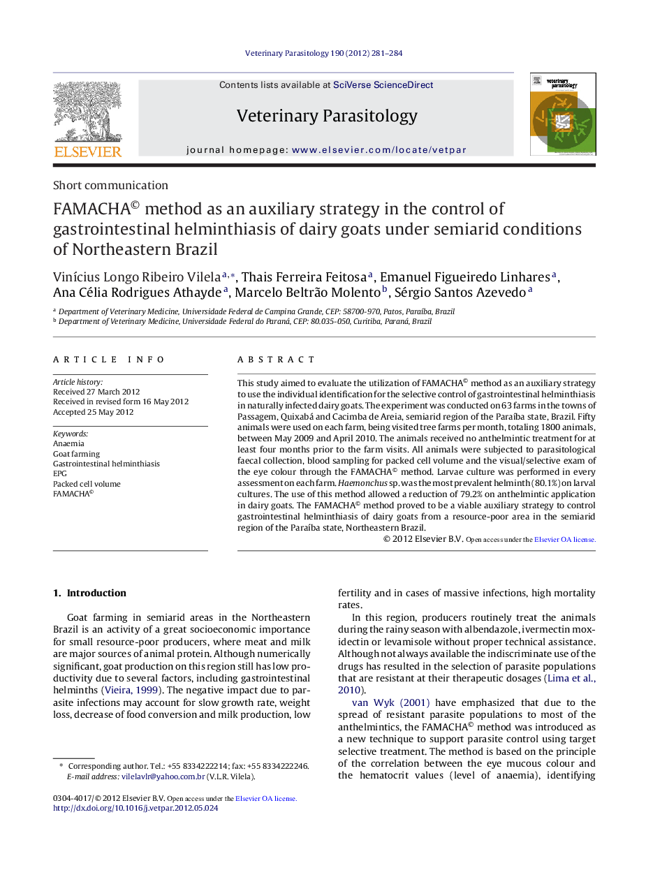 FAMACHA© method as an auxiliary strategy in the control of gastrointestinal helminthiasis of dairy goats under semiarid conditions of Northeastern Brazil