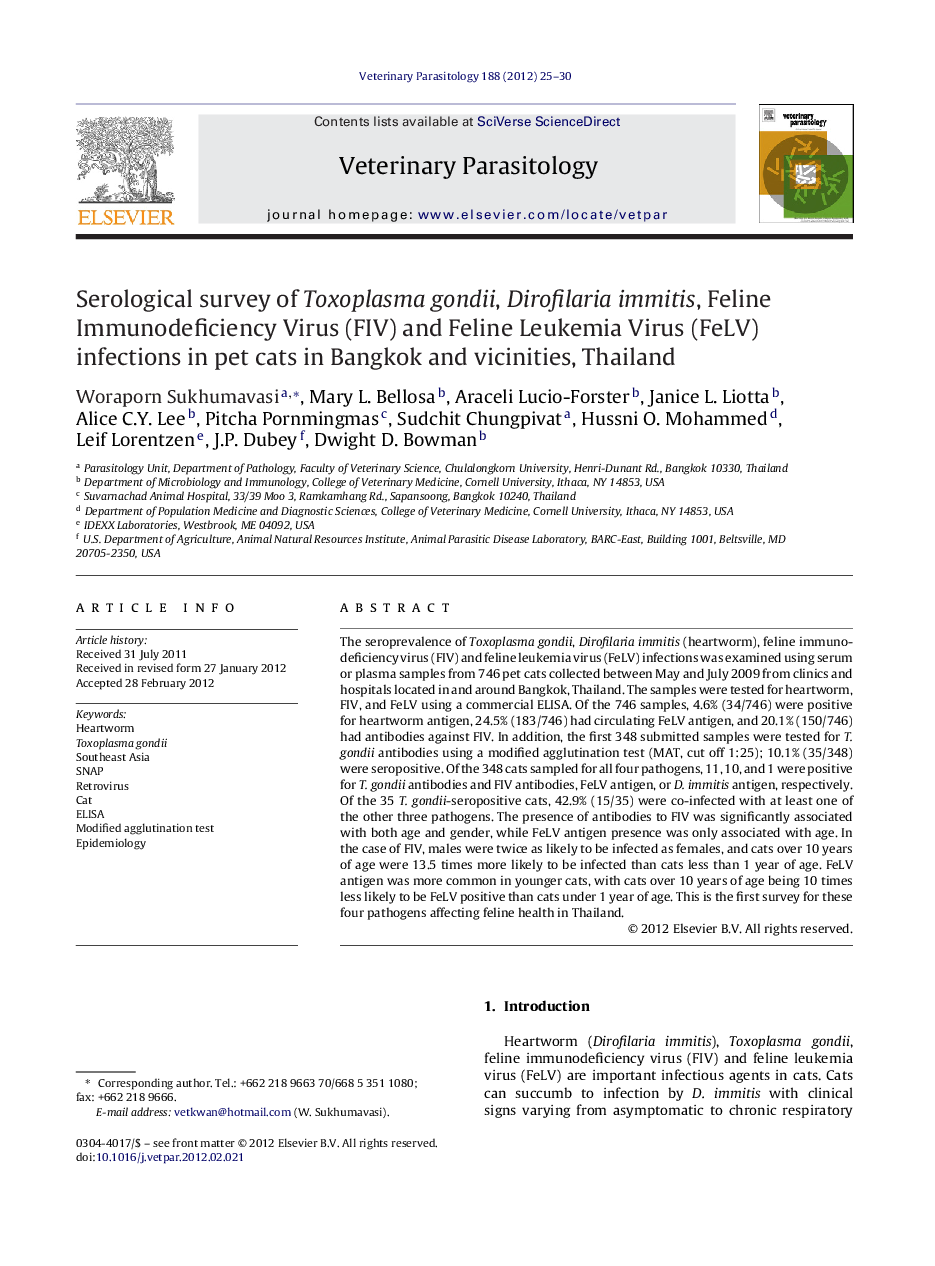 Serological survey of Toxoplasma gondii, Dirofilaria immitis, Feline Immunodeficiency Virus (FIV) and Feline Leukemia Virus (FeLV) infections in pet cats in Bangkok and vicinities, Thailand