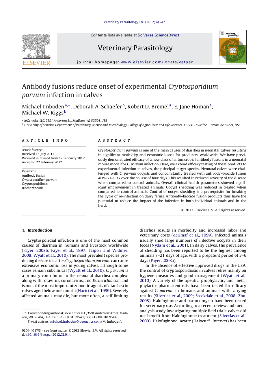 Antibody fusions reduce onset of experimental Cryptosporidium parvum infection in calves