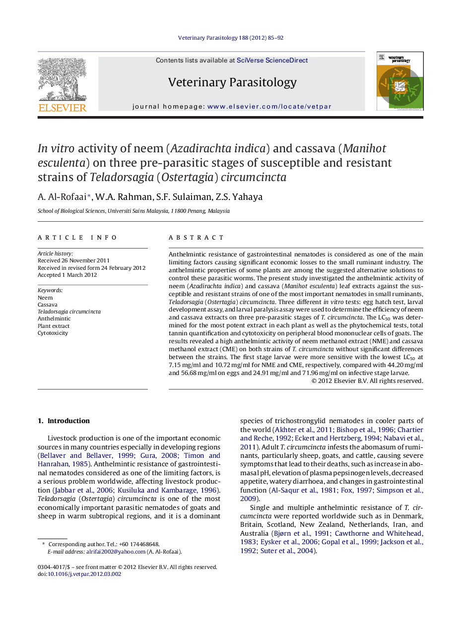 In vitro activity of neem (Azadirachta indica) and cassava (Manihot esculenta) on three pre-parasitic stages of susceptible and resistant strains of Teladorsagia (Ostertagia) circumcincta