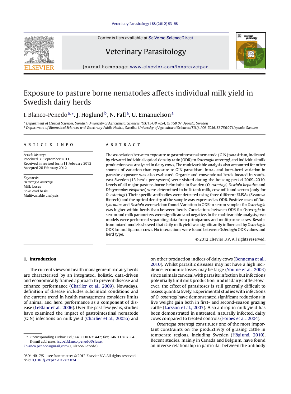 Exposure to pasture borne nematodes affects individual milk yield in Swedish dairy herds