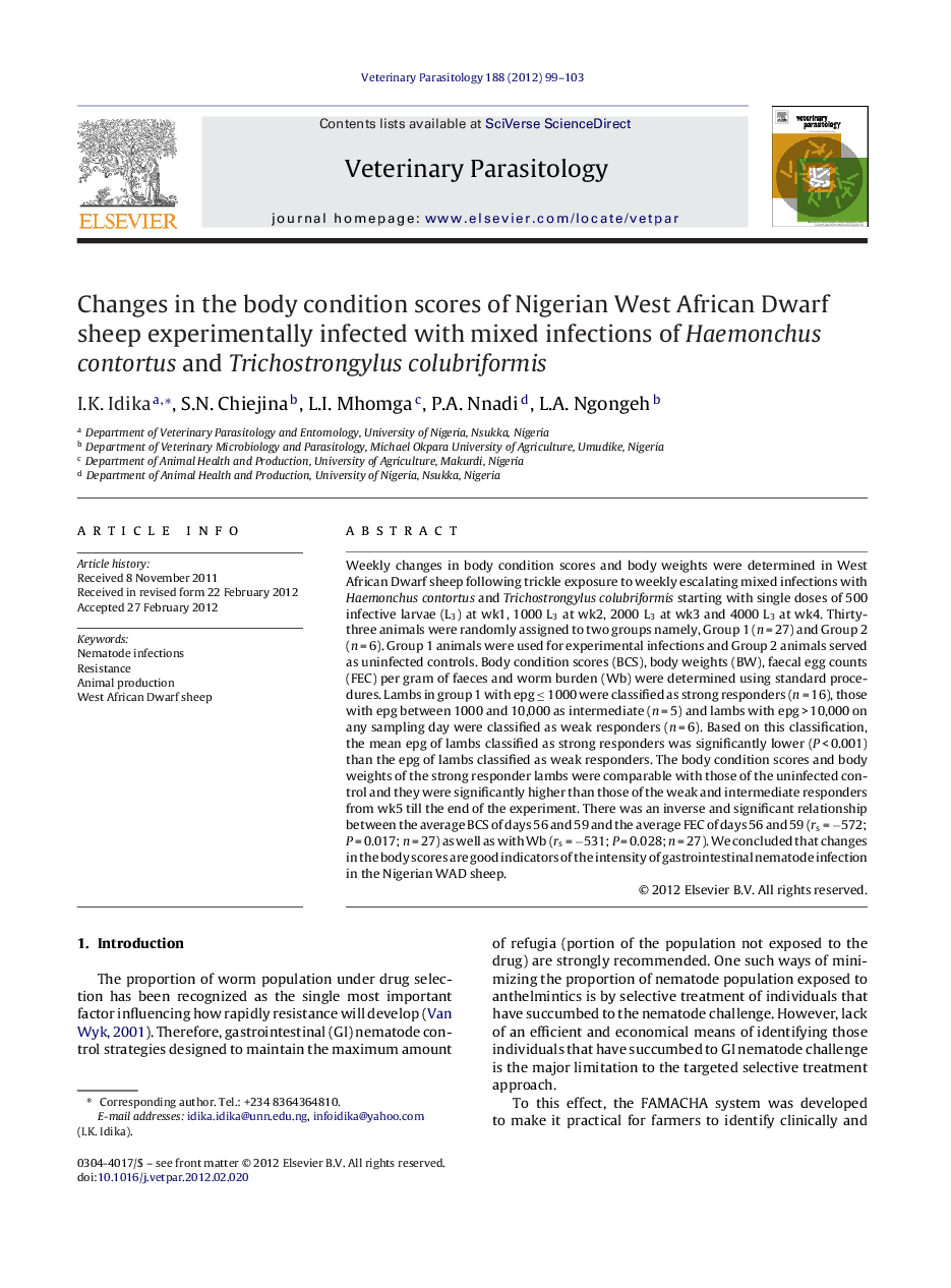 Changes in the body condition scores of Nigerian West African Dwarf sheep experimentally infected with mixed infections of Haemonchus contortus and Trichostrongylus colubriformis