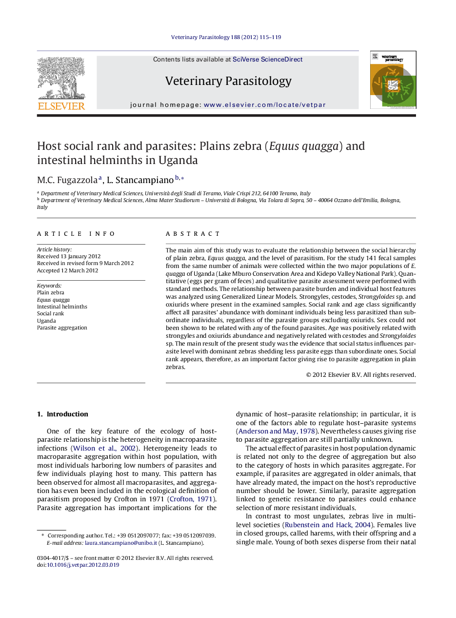 Host social rank and parasites: Plains zebra (Equus quagga) and intestinal helminths in Uganda