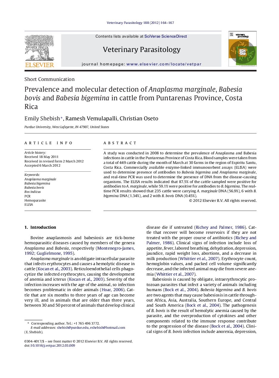 Prevalence and molecular detection of Anaplasma marginale, Babesia bovis and Babesia bigemina in cattle from Puntarenas Province, Costa Rica