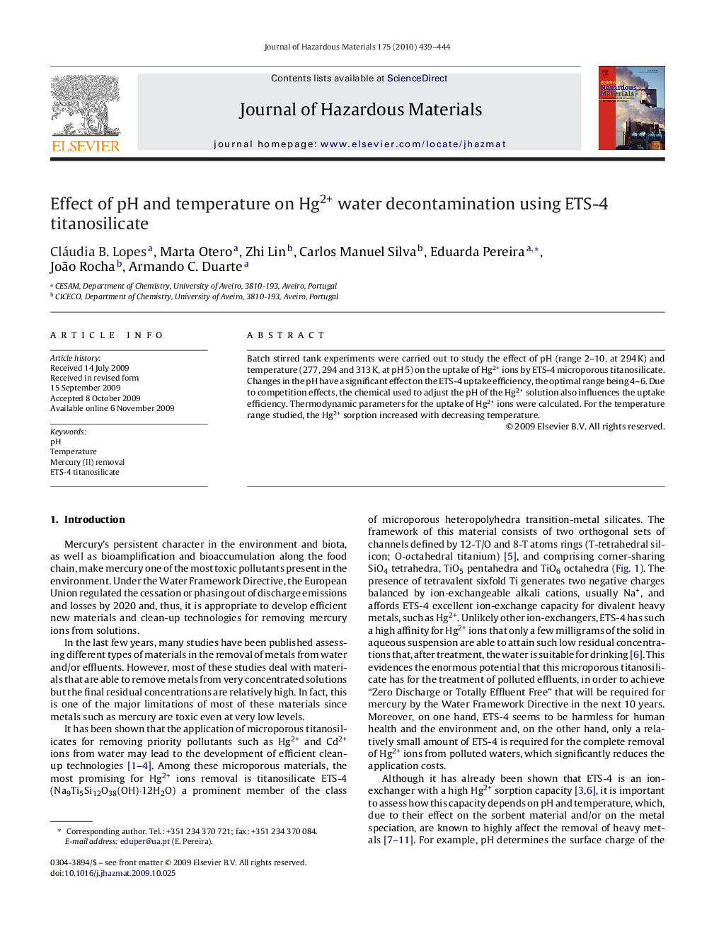 Effect of pH and temperature on Hg2+ water decontamination using ETS-4 titanosilicate