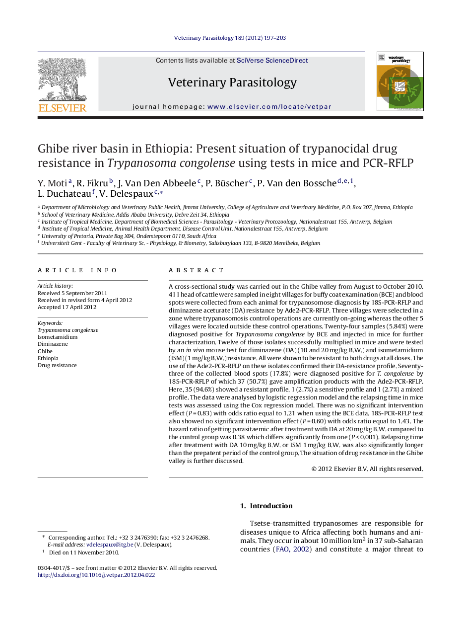 Ghibe river basin in Ethiopia: Present situation of trypanocidal drug resistance in Trypanosoma congolense using tests in mice and PCR-RFLP