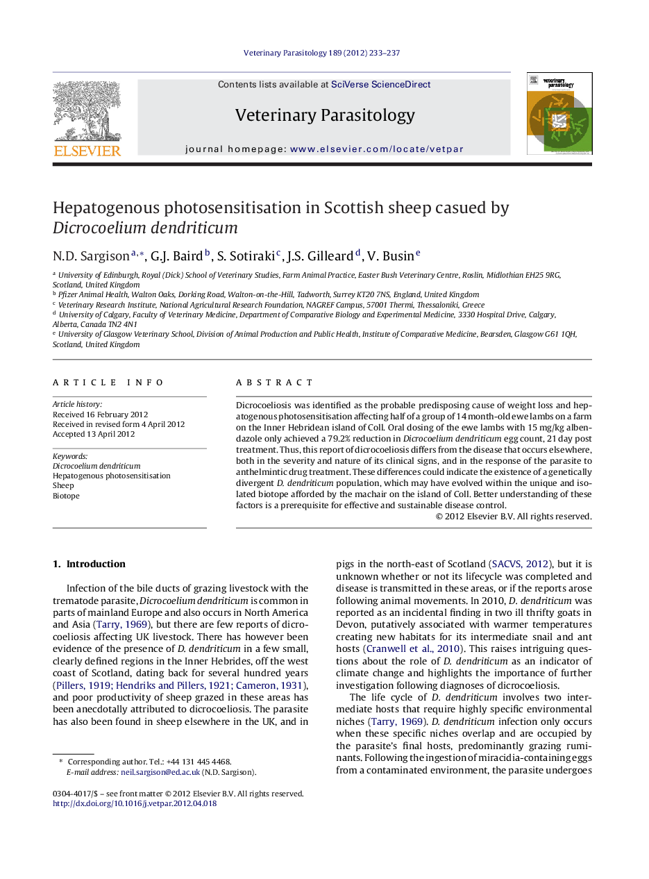 Hepatogenous photosensitisation in Scottish sheep casued by Dicrocoelium dendriticum