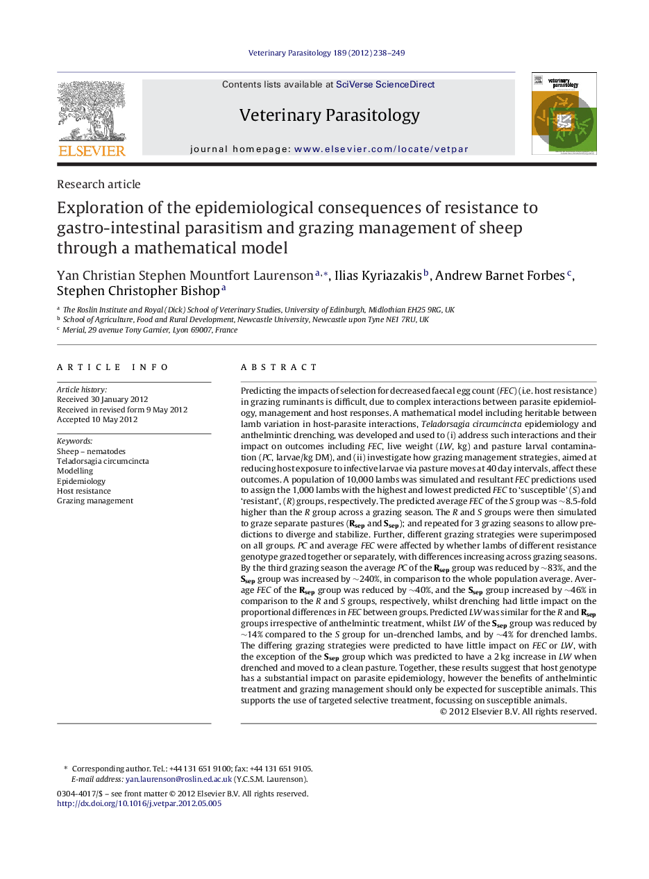 Exploration of the epidemiological consequences of resistance to gastro-intestinal parasitism and grazing management of sheep through a mathematical model