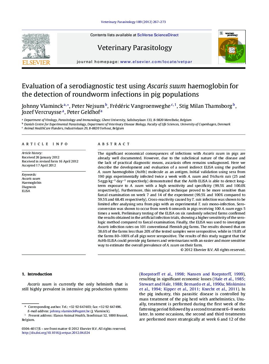 Evaluation of a serodiagnostic test using Ascaris suum haemoglobin for the detection of roundworm infections in pig populations