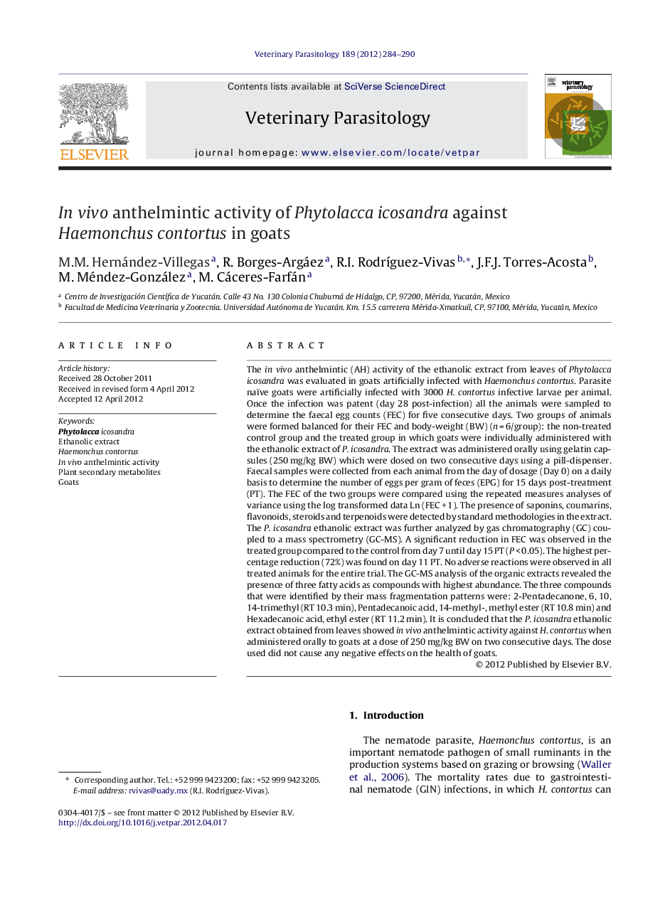 In vivo anthelmintic activity of Phytolacca icosandra against Haemonchus contortus in goats