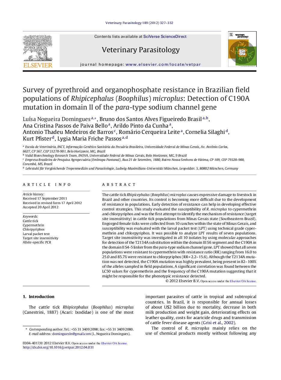 Survey of pyrethroid and organophosphate resistance in Brazilian field populations of Rhipicephalus (Boophilus) microplus: Detection of C190A mutation in domain II of the para-type sodium channel gene