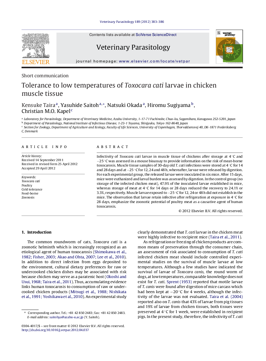 Tolerance to low temperatures of Toxocara cati larvae in chicken muscle tissue