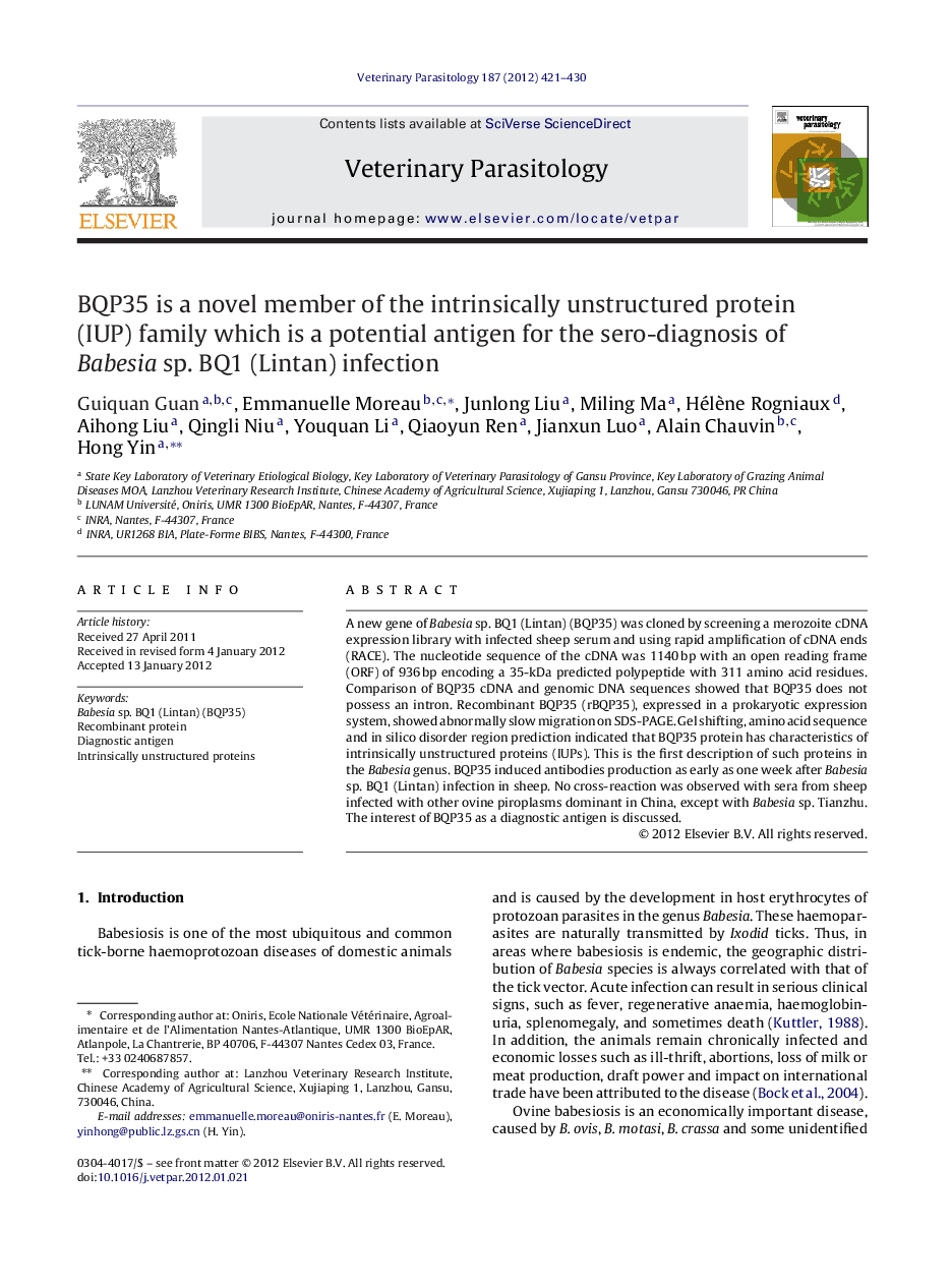 BQP35 is a novel member of the intrinsically unstructured protein (IUP) family which is a potential antigen for the sero-diagnosis of Babesia sp. BQ1 (Lintan) infection