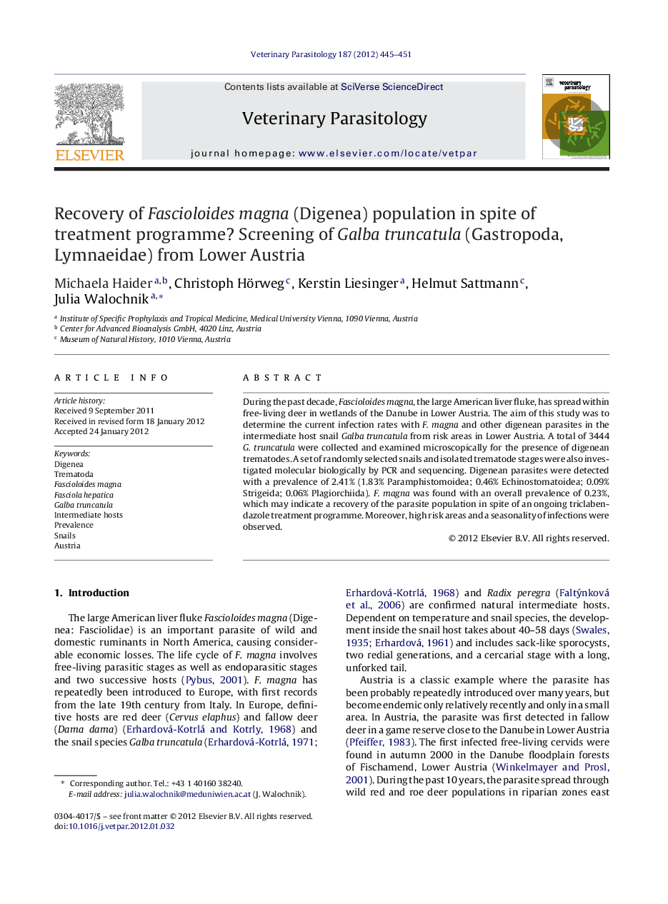 Recovery of Fascioloides magna (Digenea) population in spite of treatment programme? Screening of Galba truncatula (Gastropoda, Lymnaeidae) from Lower Austria