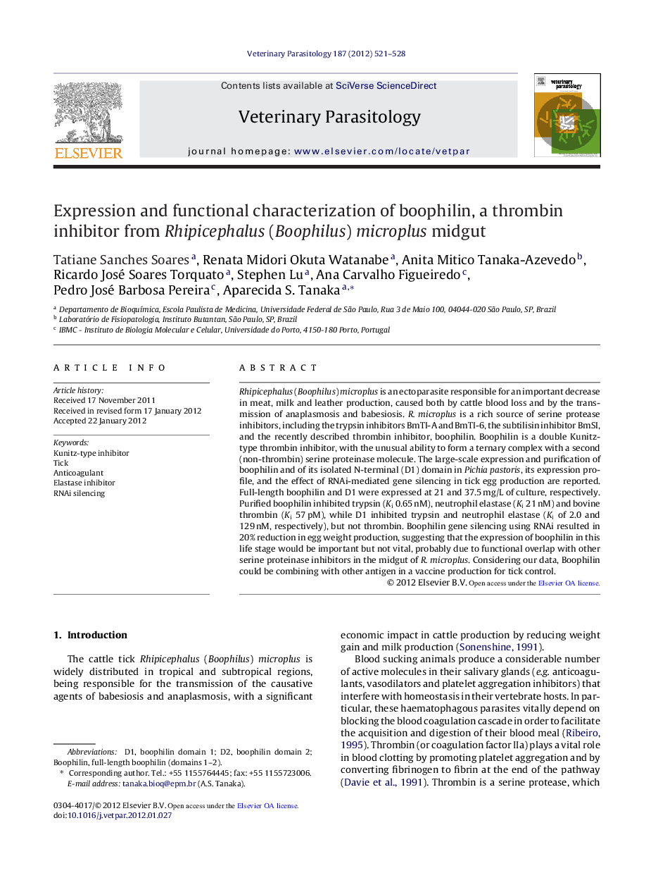 Expression and functional characterization of boophilin, a thrombin inhibitor from Rhipicephalus (Boophilus) microplus midgut