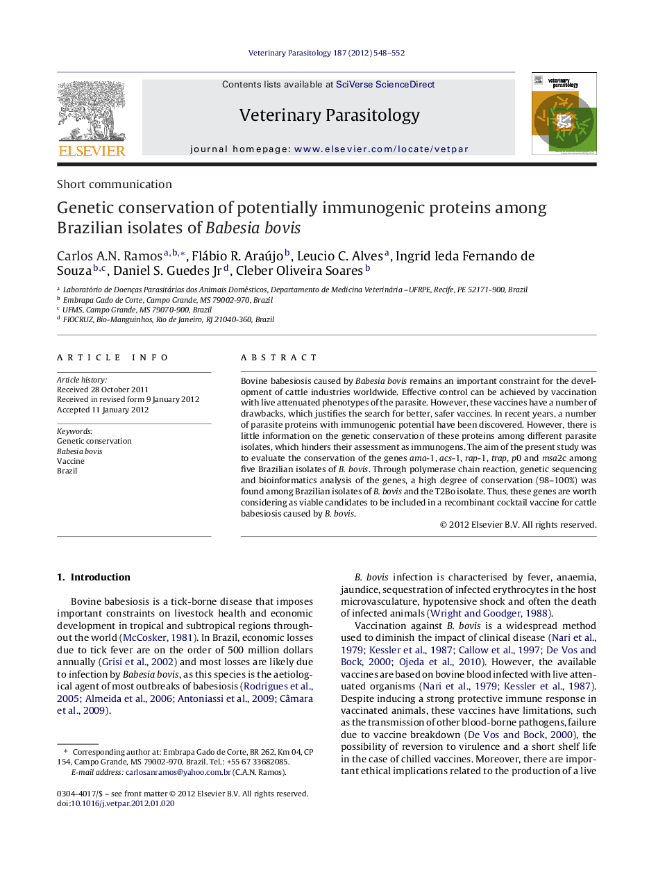 Genetic conservation of potentially immunogenic proteins among Brazilian isolates of Babesia bovis