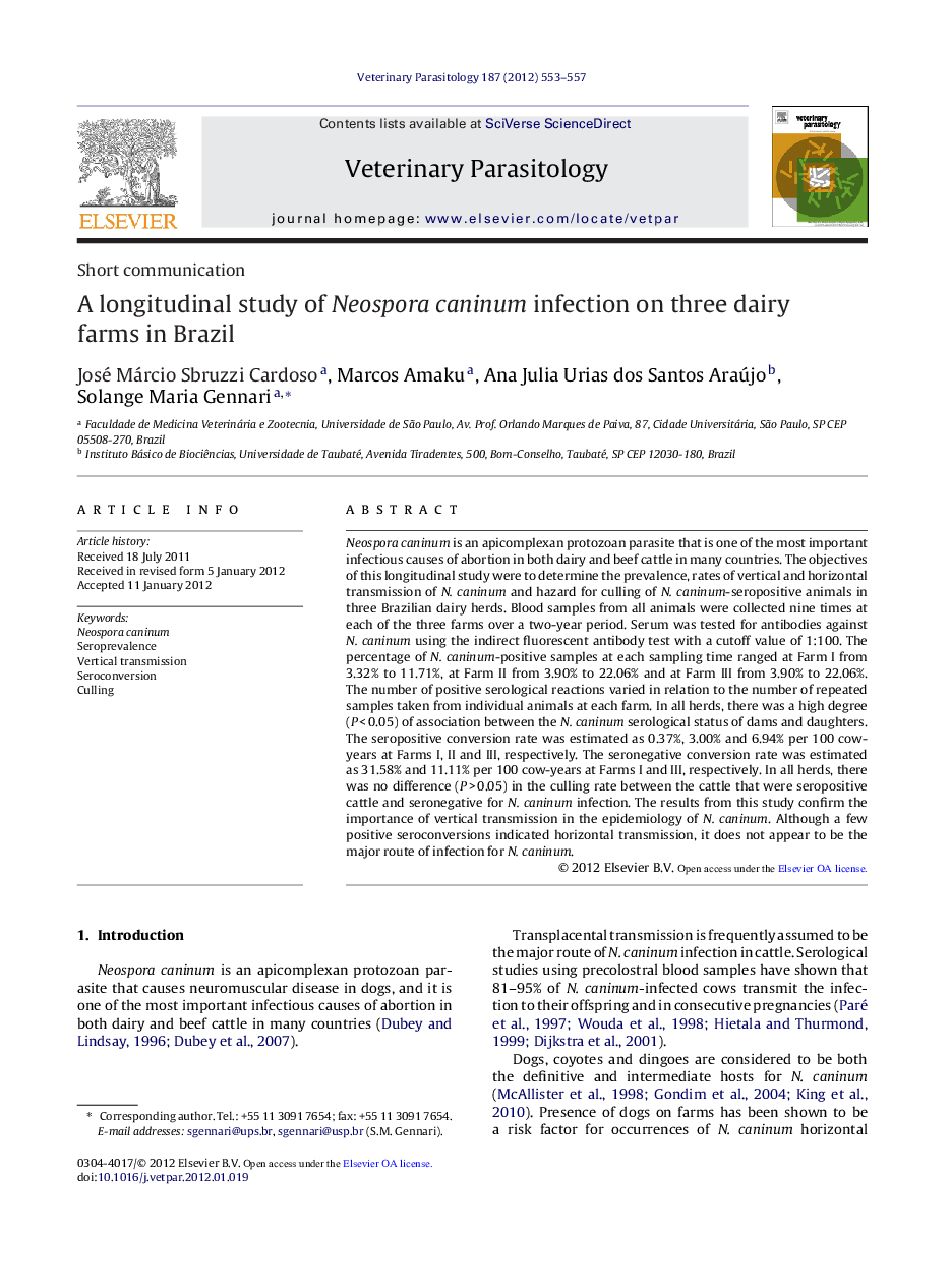 A longitudinal study of Neospora caninum infection on three dairy farms in Brazil