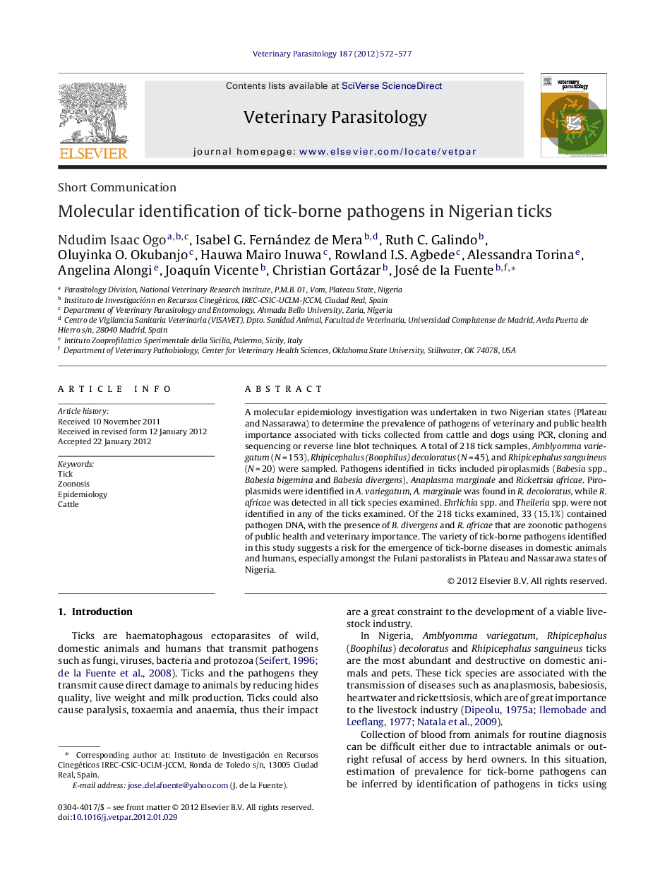 Molecular identification of tick-borne pathogens in Nigerian ticks